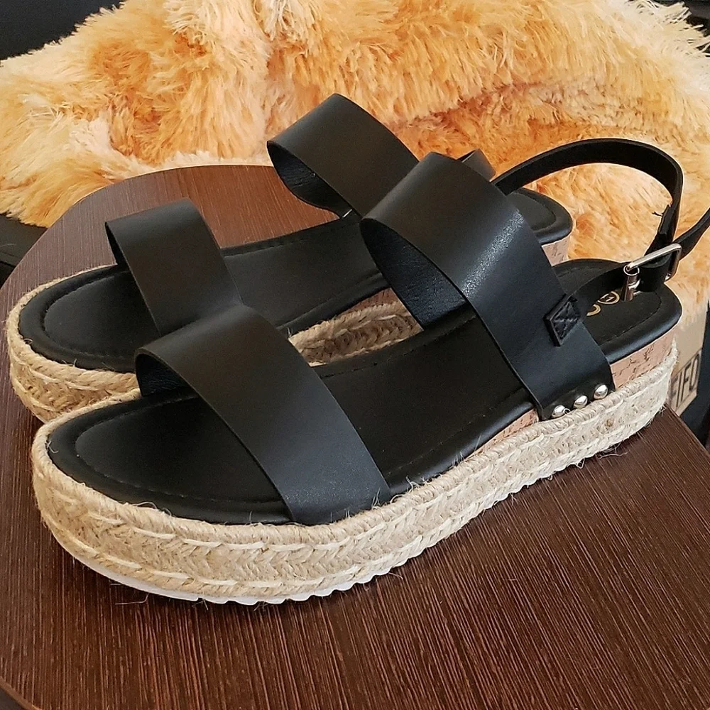 Athlefit Espadrilles Platform Wedge Open Toe Black Sandals Size 11